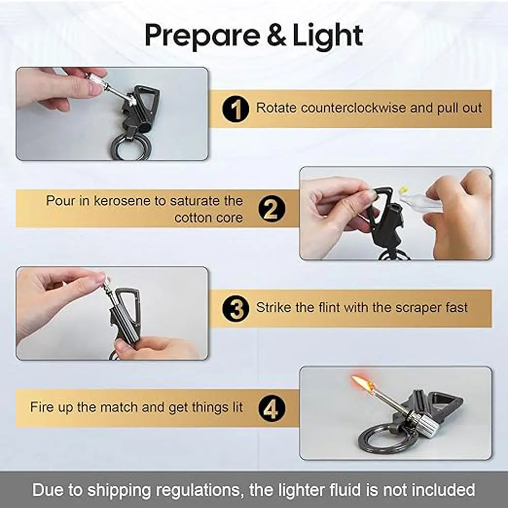 3-In-1 Utensils Multi-Tool, Portable Keychain with Bottle Opener and Lighter (Lighter Fluid Not Included)